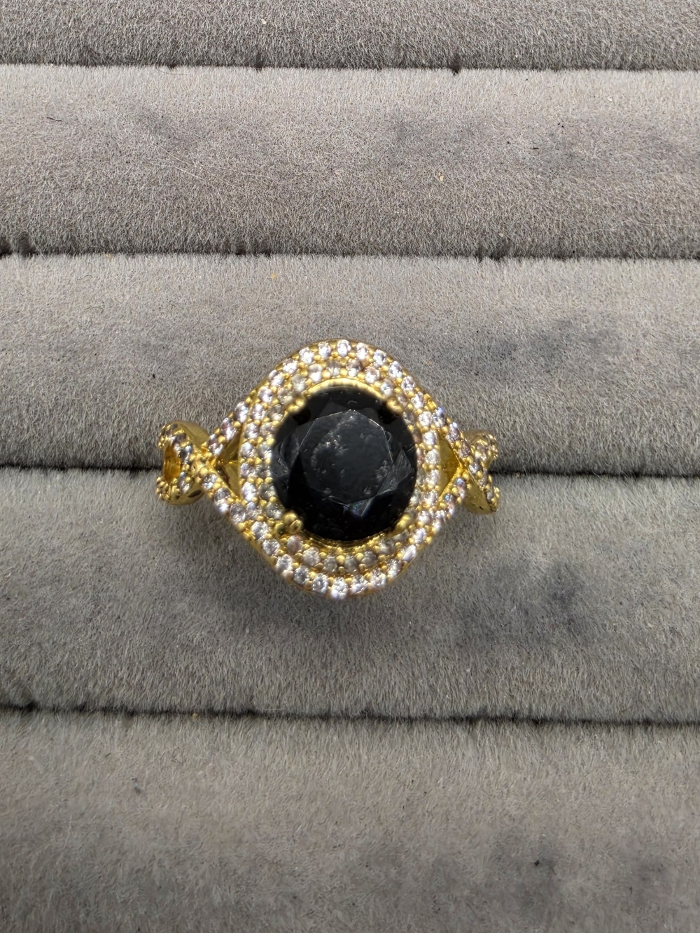 Gold-tone Black Stone Halo Ring Size 10 1/2 with Pavé Accent